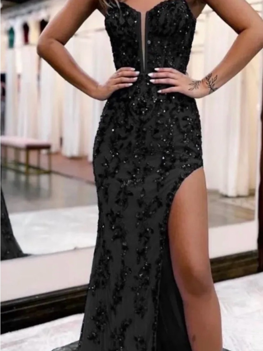 Black Embellished Strapless Evening Gown with High Thigh Slit